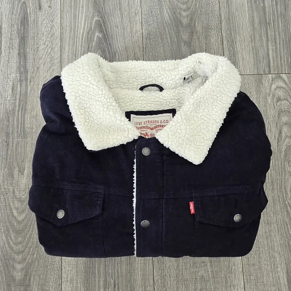 Levi's Men's Dark Blue Corduroy Jacket with White Sherpa Collar - Picture 2 of 8